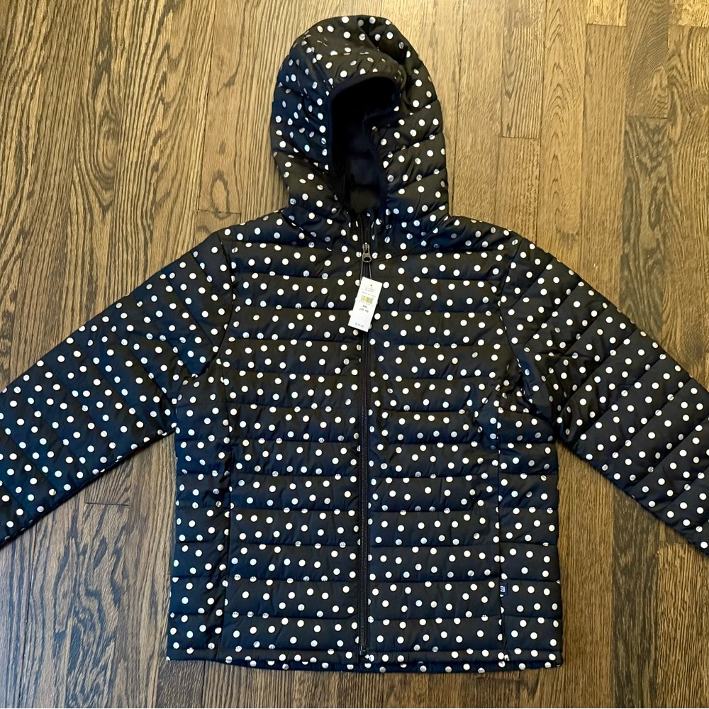 NWT Gap Factory Kids Polka Dot Puffer Jacket - Black and Silver - XXL 14-16